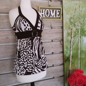 IZ BYER Brown and White Halter Top